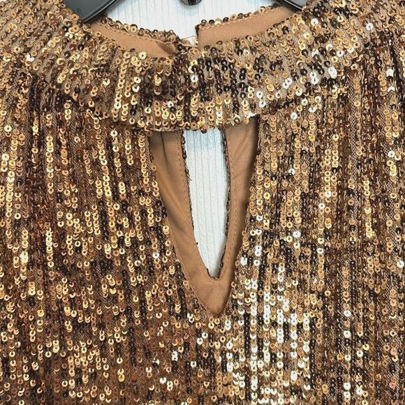 Cable & Gauge | Gold Sequin Puff Long Sleeve Mock neck Keyhole Blouse Shirt - Picture 6 of 16